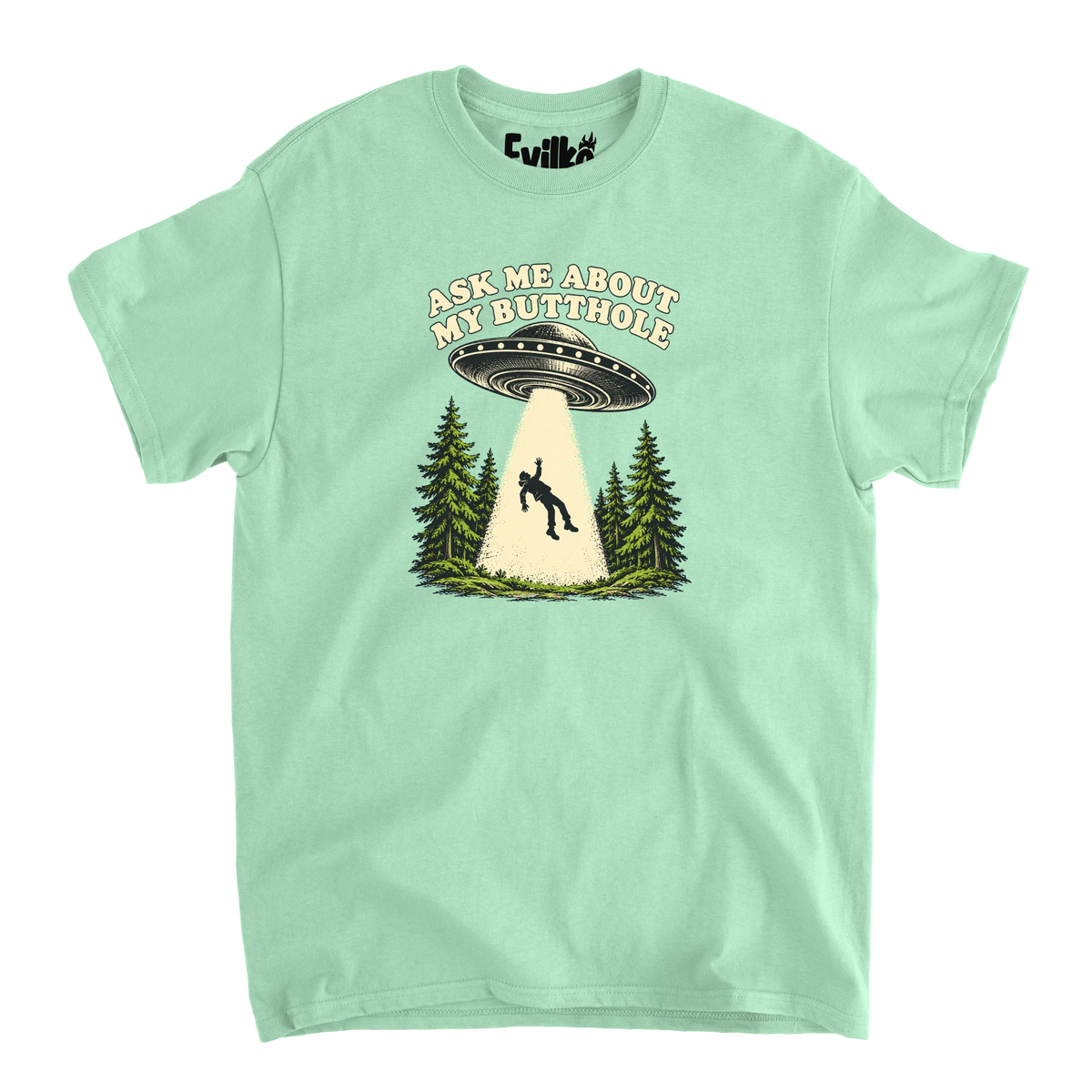 Ask Me About My Butthole UFO — Mens Tee — Mint — Front