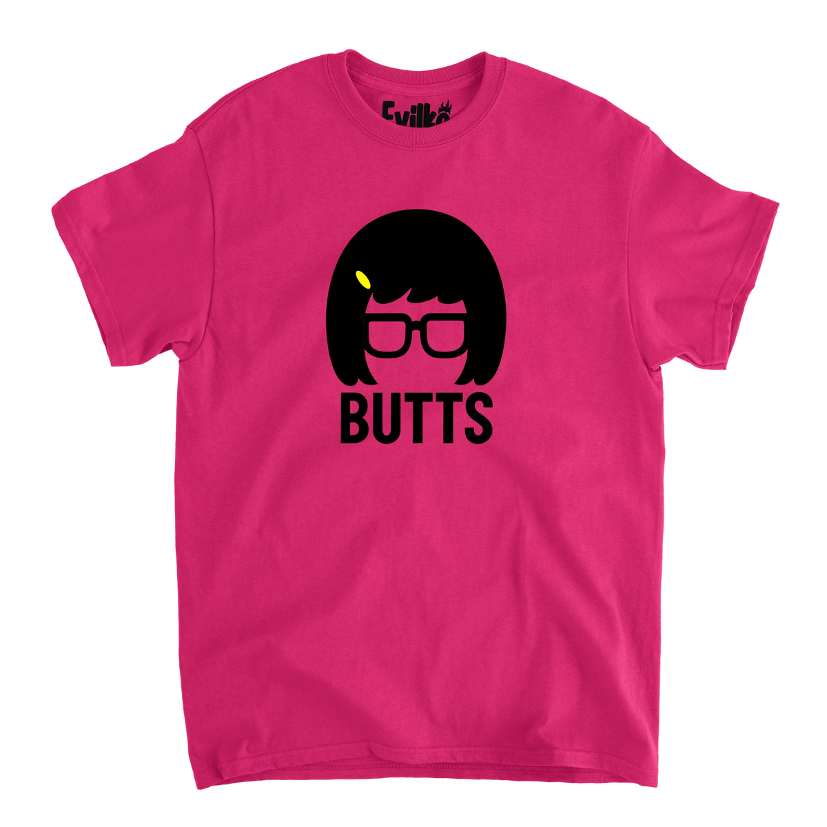 Butts Bob Hair Glasses — Mens Tee — Heliconia — Front