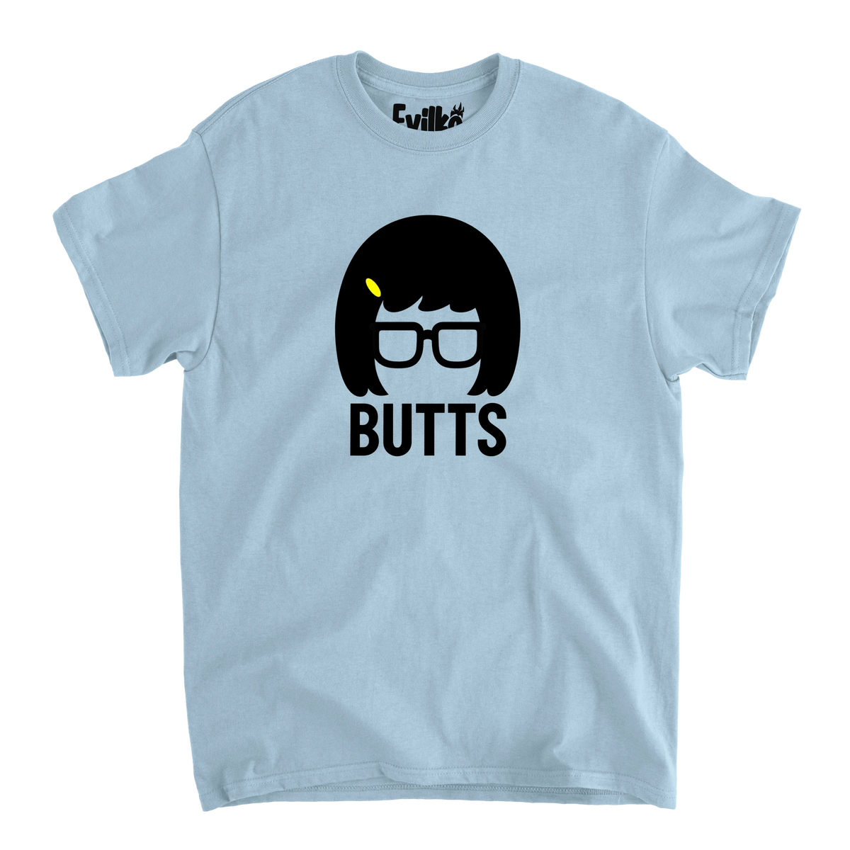 Butts Bob Hair Glasses — Mens Tee — Light Blue — Front