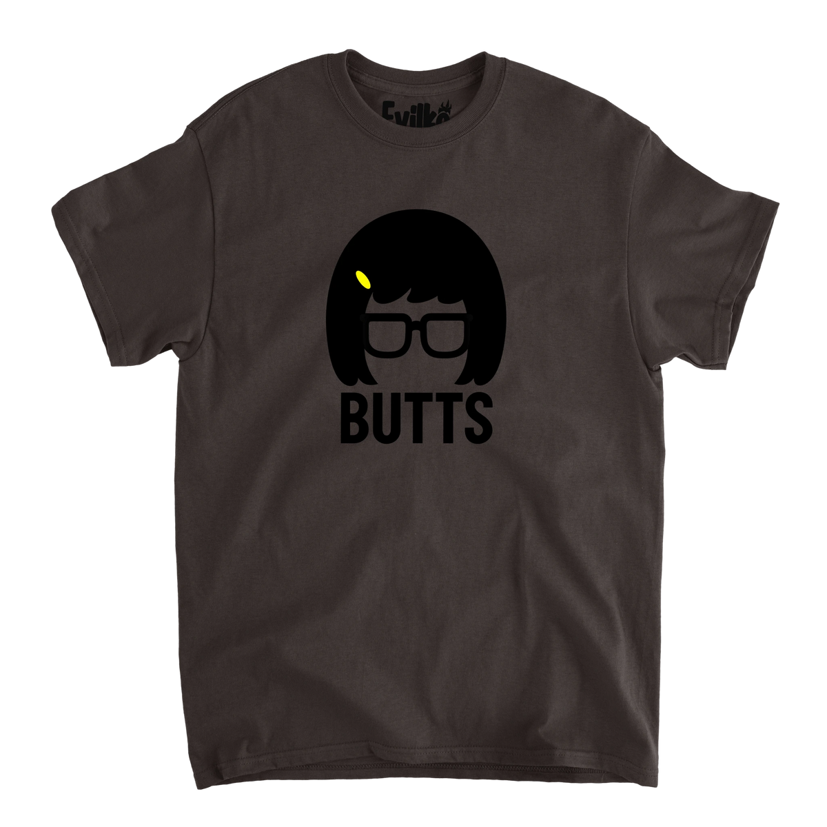 Butts Bob Hair Glasses — Mens Tee — Dark Chocolate — Front