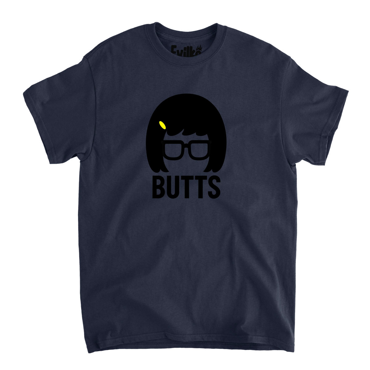 Butts Bob Hair Glasses — Mens Tee — Navy — Front