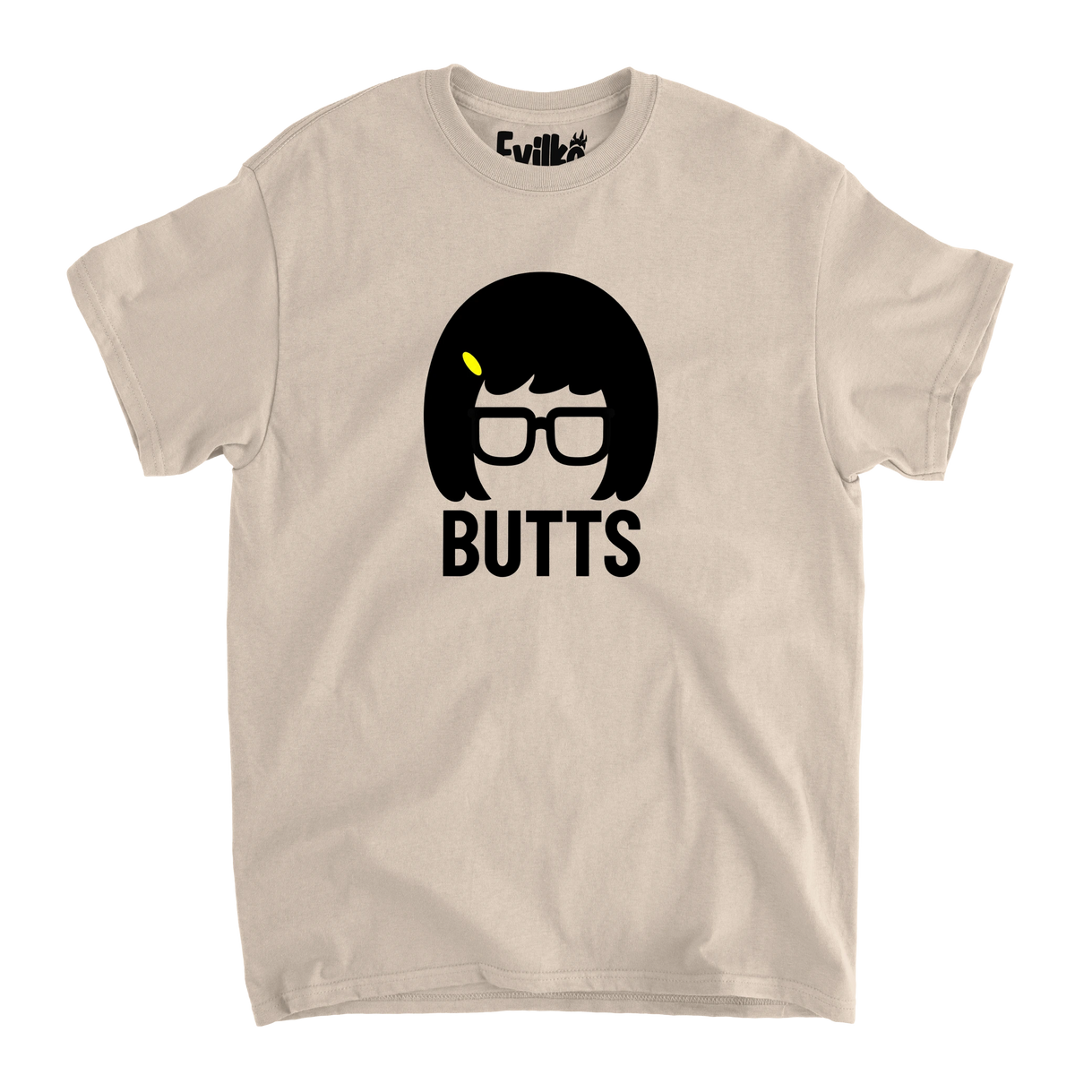 Butts Bob Hair Glasses — Mens Tee — Sand — Front