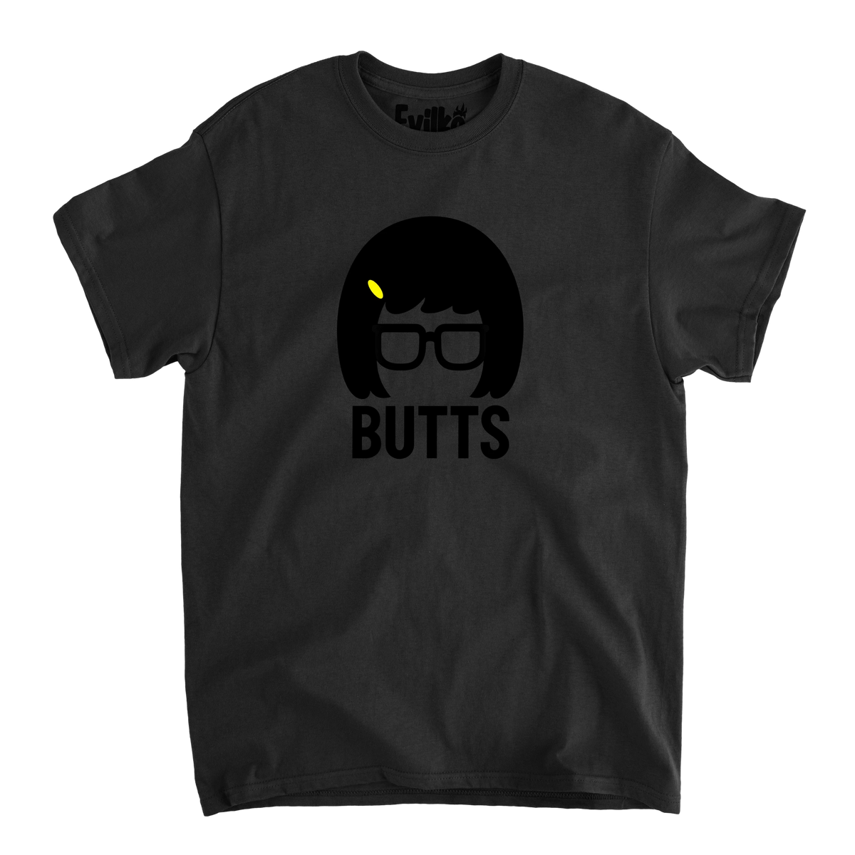 Butts Bob Hair Glasses — Mens Tee — Black — Front