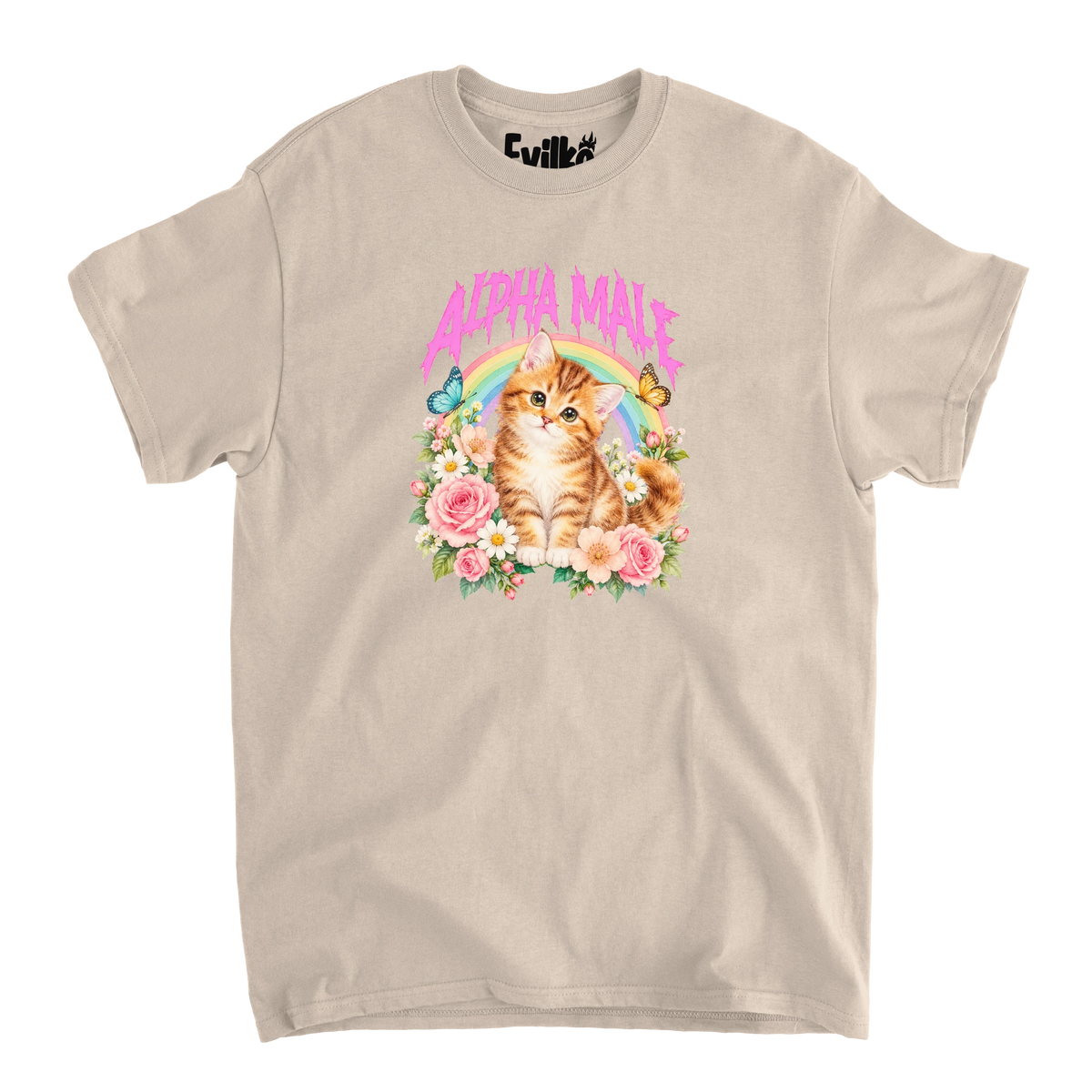 Alpha Male Kitten — Mens Tee — Sand — Front