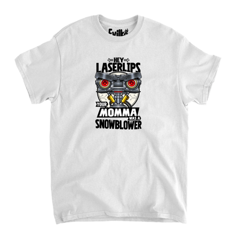 Hey Laserlips Snowblower — Mens Tee — White — Front