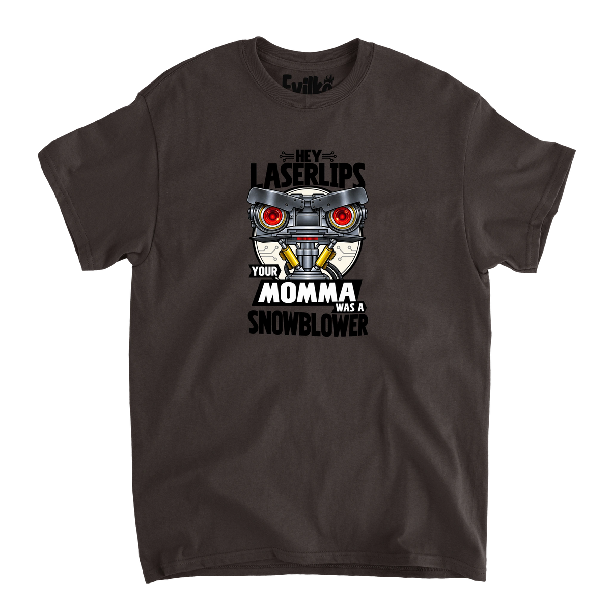 Hey Laserlips Snowblower — Mens Tee — Dark Chocolate — Front