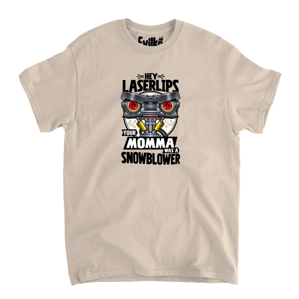 Hey Laserlips Snowblower — Mens Tee — Sand — Front