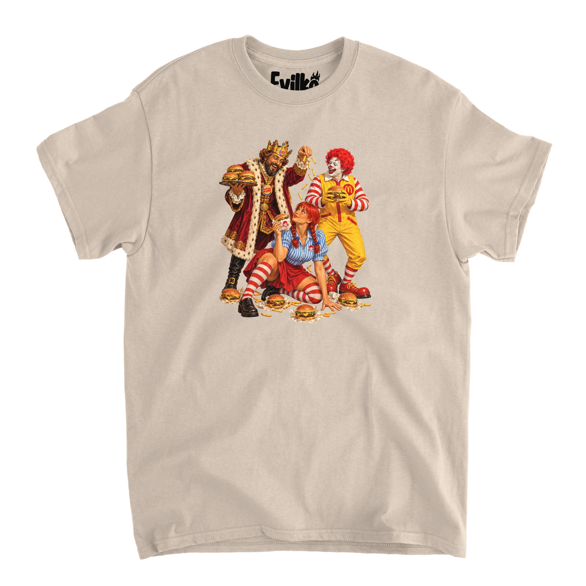 Fast Food Mascot Parody — Mens Tee — Sand — Front