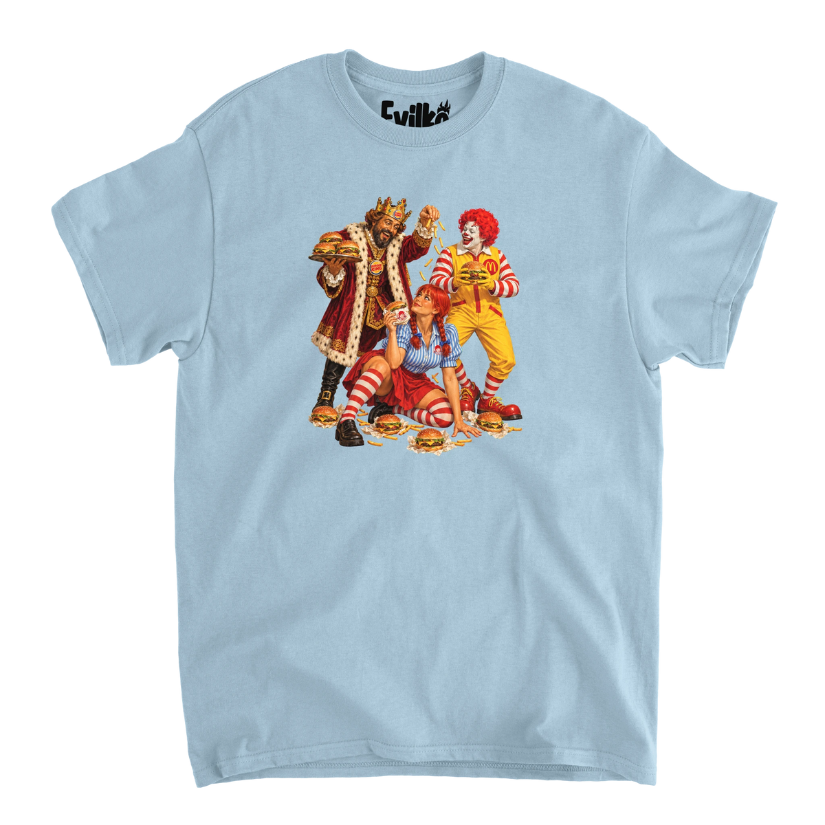 Fast Food Mascot Parody — Mens Tee — Light Blue — Front