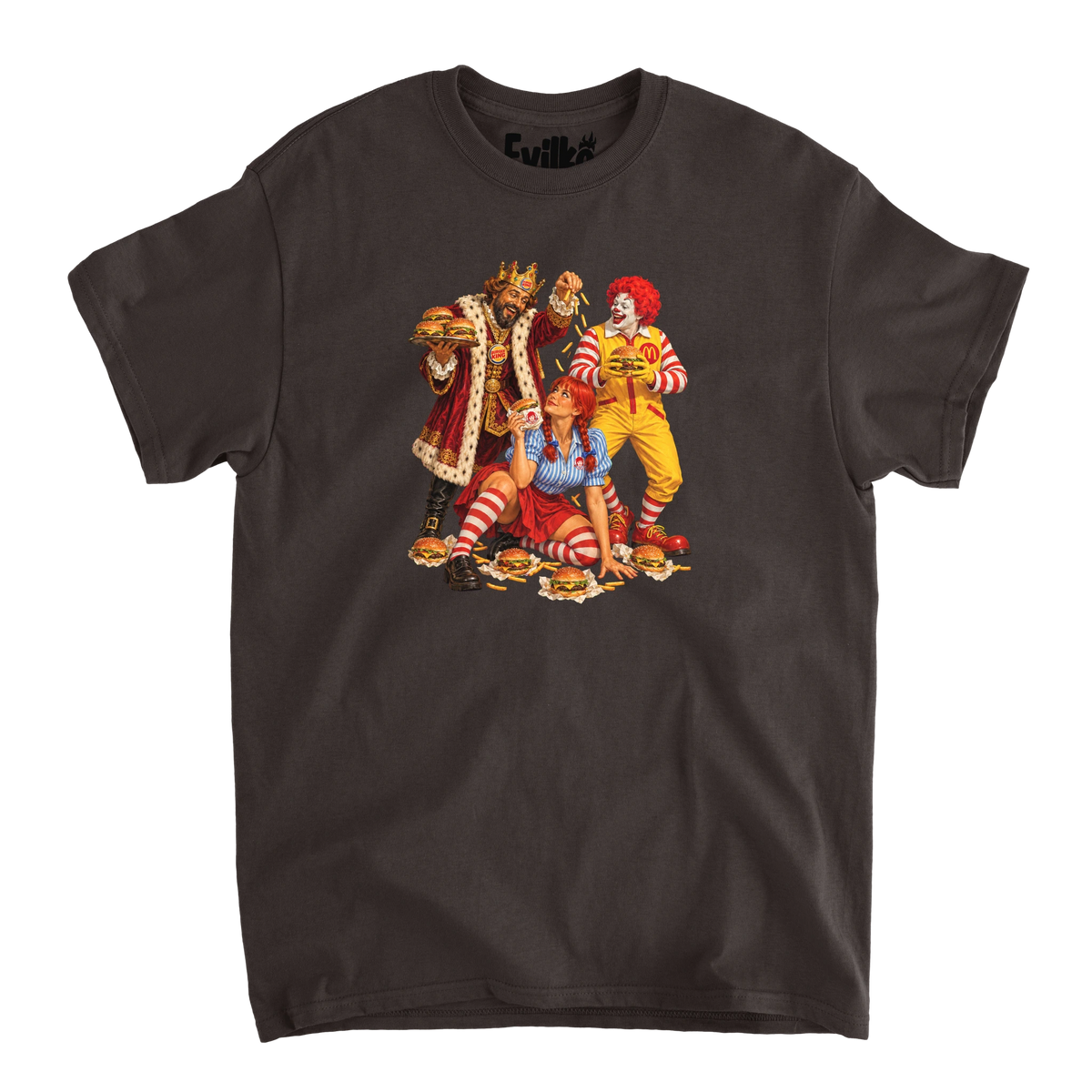 Fast Food Mascot Parody — Mens Tee — Dark Chocolate — Front