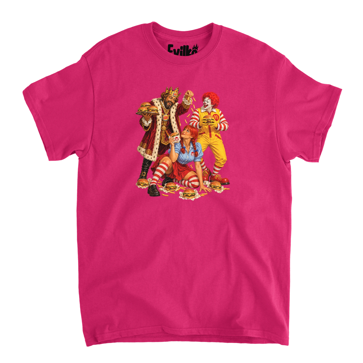 Fast Food Mascot Parody — Mens Tee — Heliconia — Front