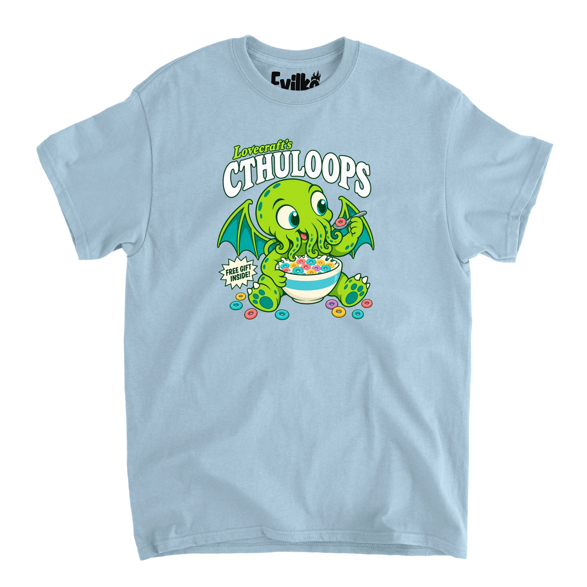 Lovecrafts Cthuloops — Mens Tee — Light Blue — Front