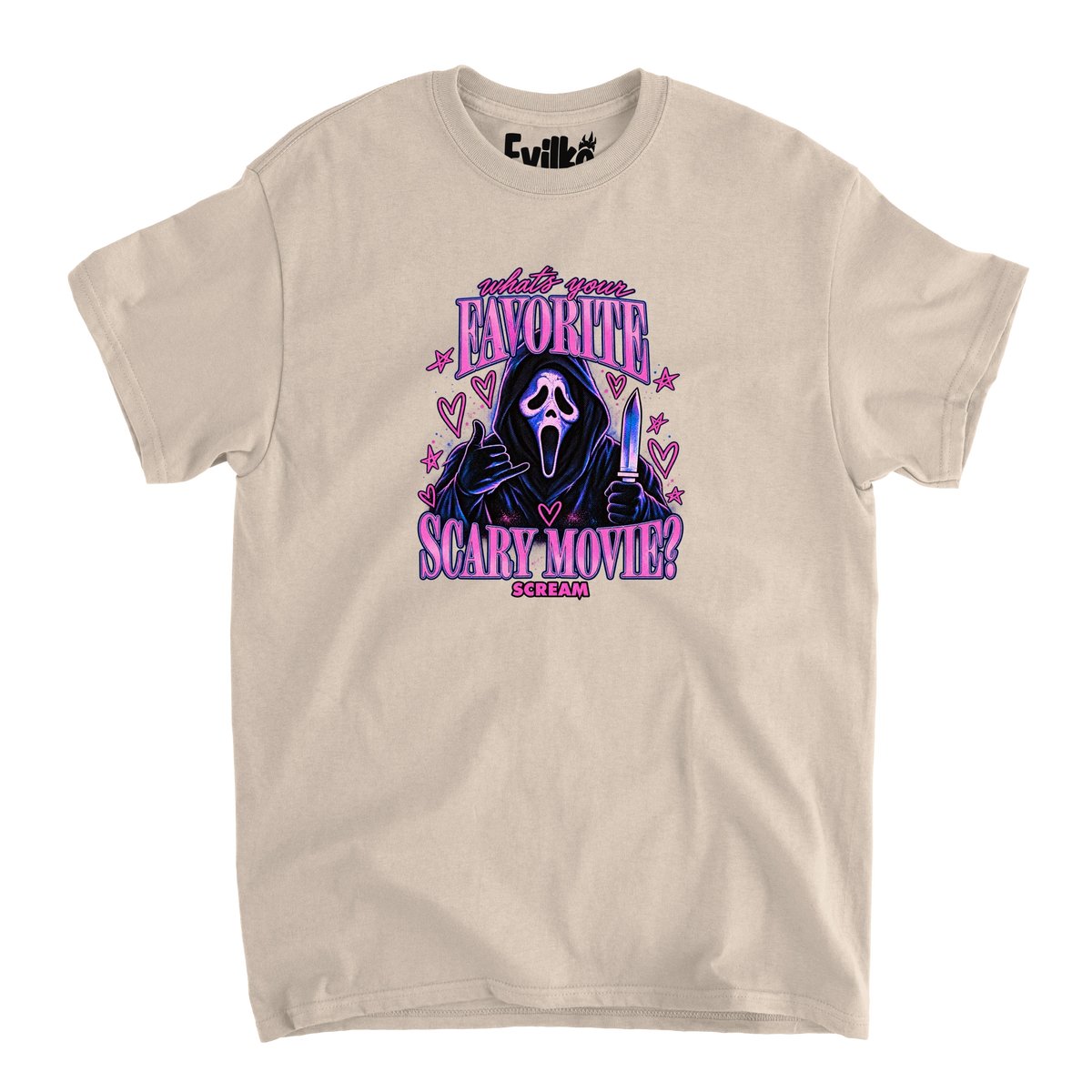Favorite Scary Movie — Mens Tee — Sand — Front