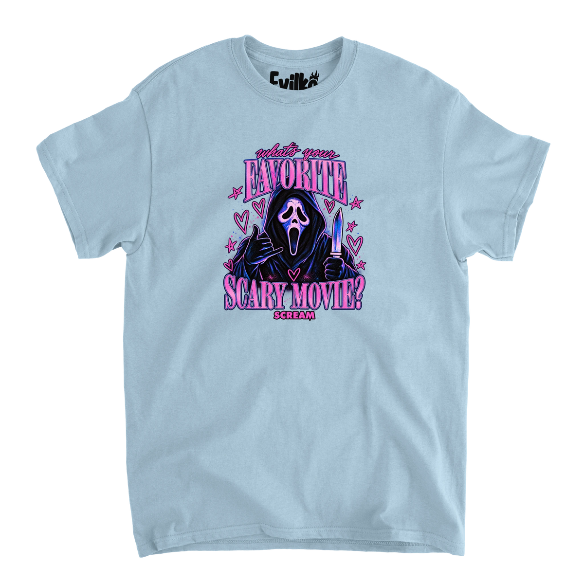 Favorite Scary Movie — Mens Tee — Light Blue — Front