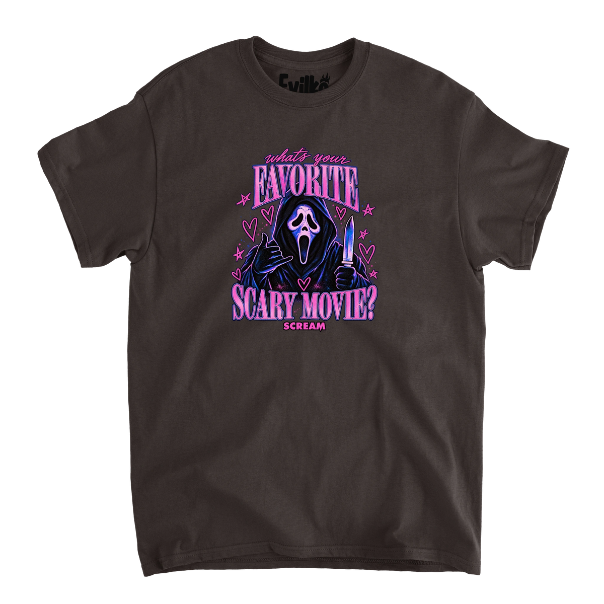 Favorite Scary Movie — Mens Tee — Dark Chocolate — Front