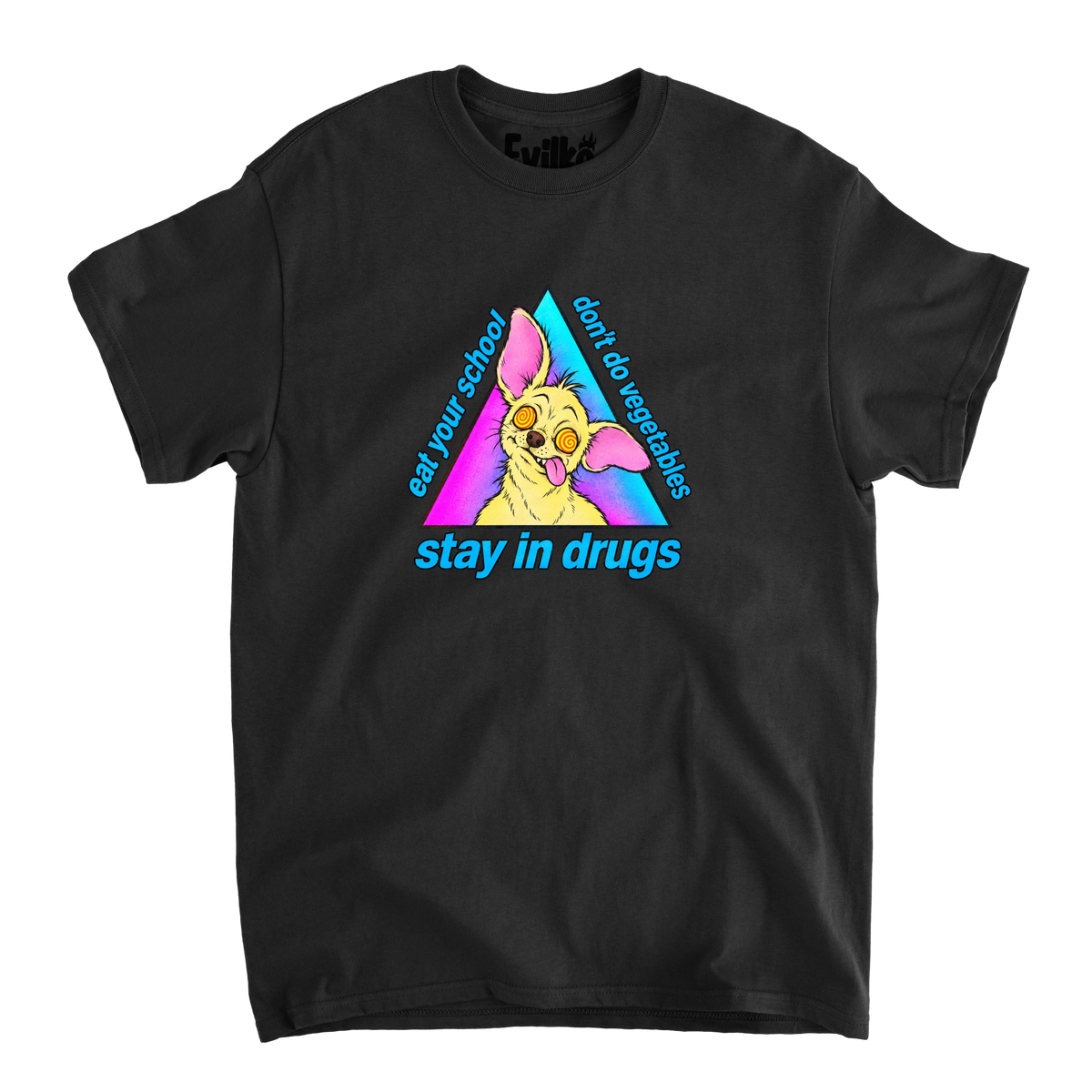Dizzy Chihuahua Scrambled Slogan — Mens Tee — Black — Front