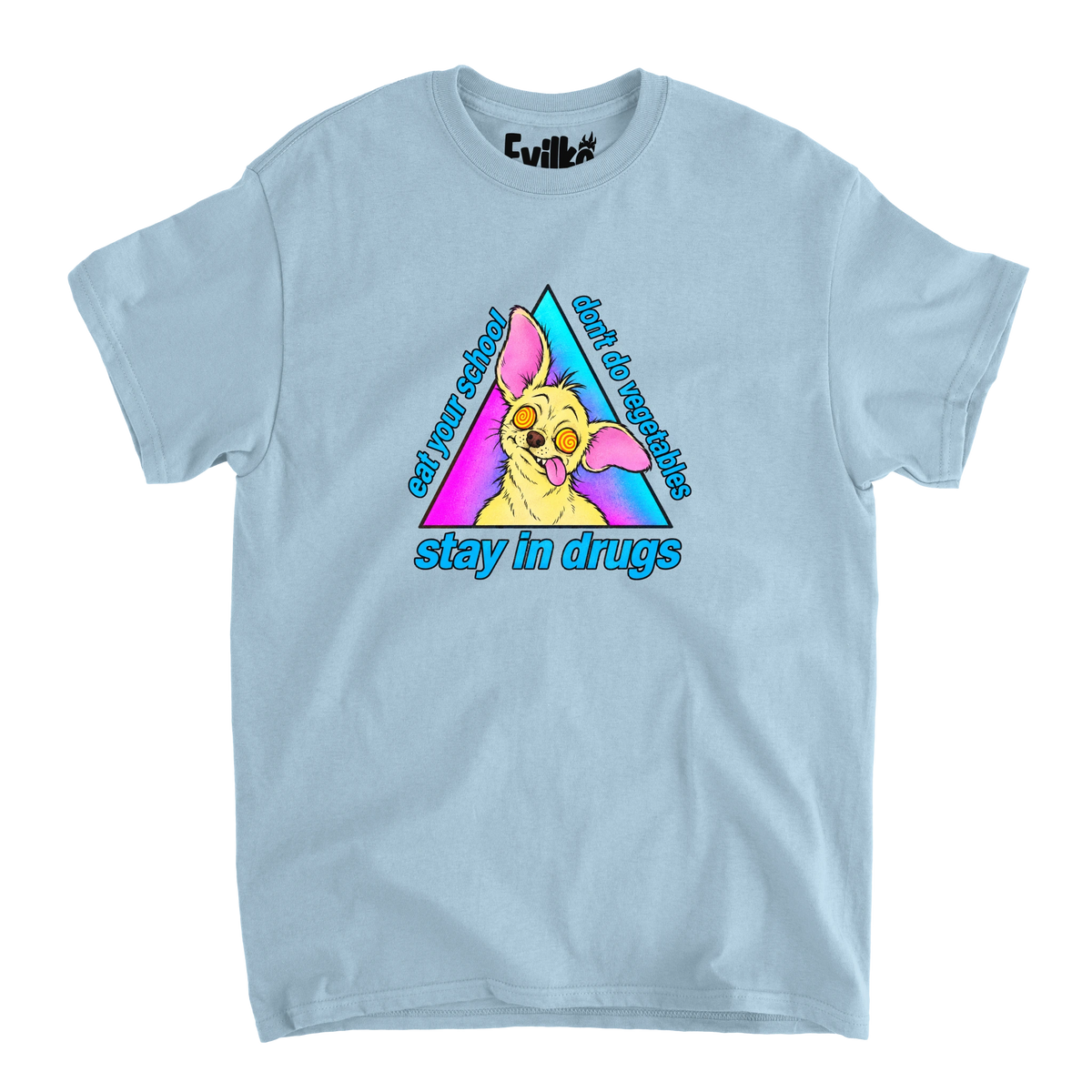 Dizzy Chihuahua Scrambled Slogan — Mens Tee — Light Blue — Front