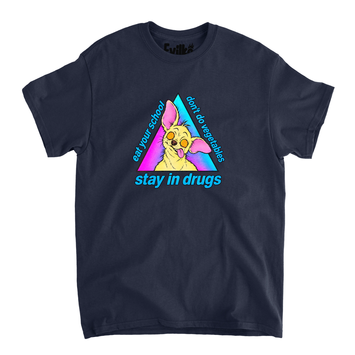 Dizzy Chihuahua Scrambled Slogan — Mens Tee — Navy — Front