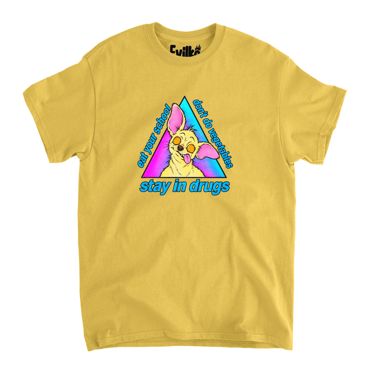 Dizzy Chihuahua Scrambled Slogan — Mens Tee — Daisy — Front