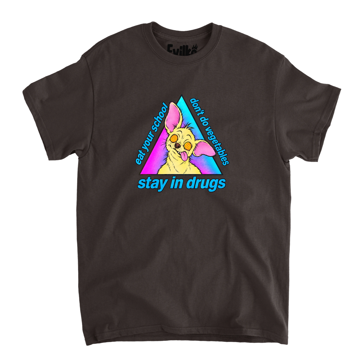 Dizzy Chihuahua Scrambled Slogan — Mens Tee — Dark Chocolate — Front