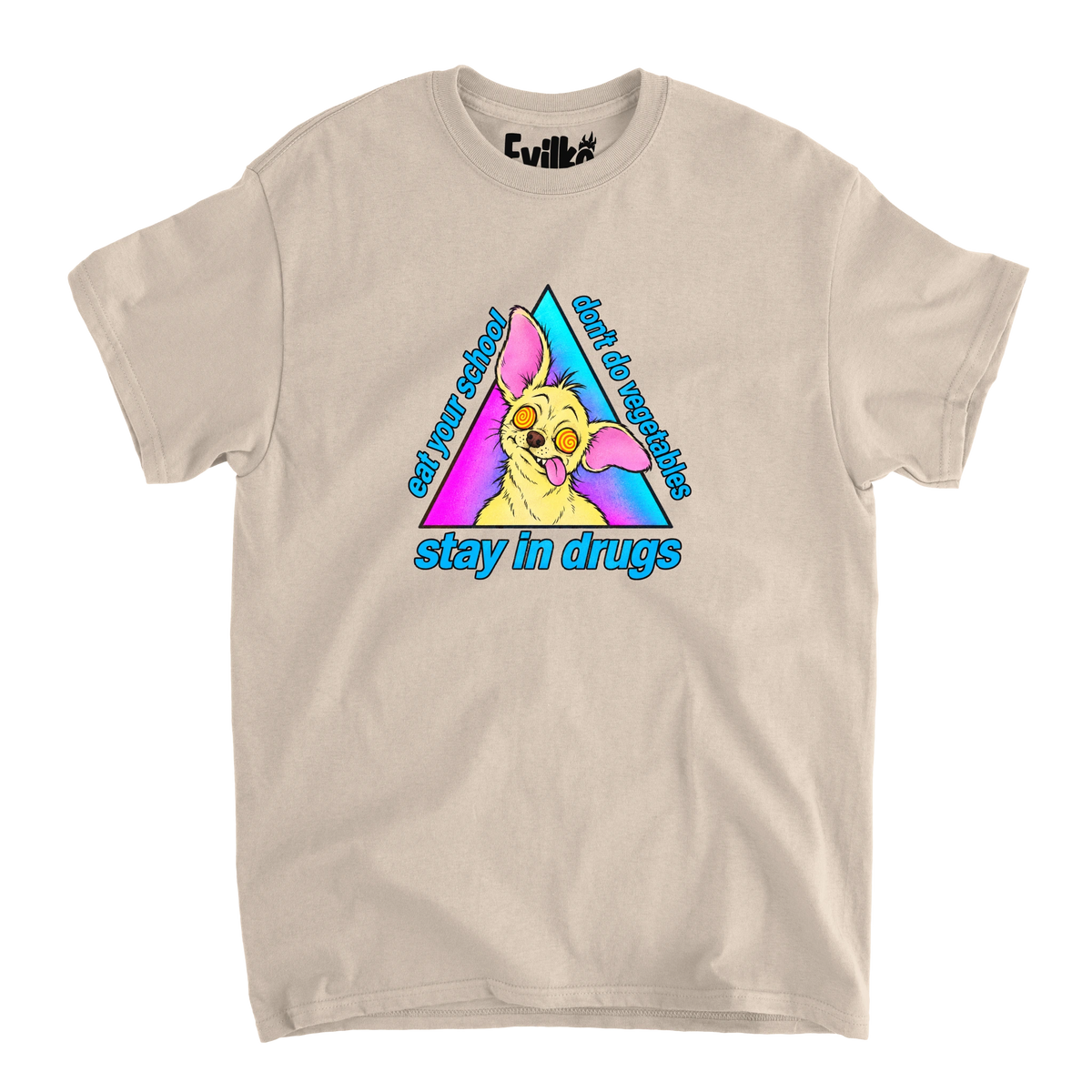 Dizzy Chihuahua Scrambled Slogan — Mens Tee — Sand — Front