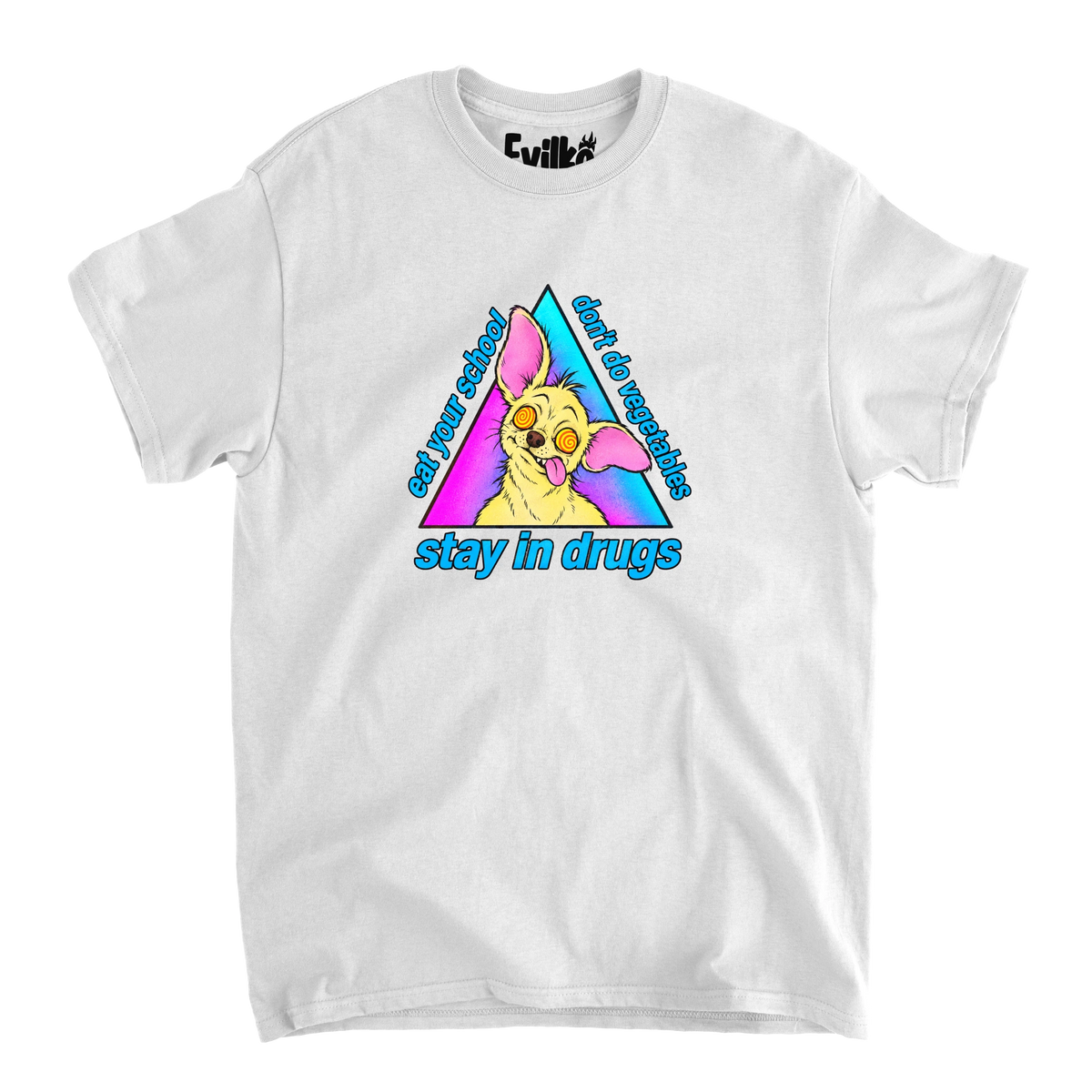 Dizzy Chihuahua Scrambled Slogan — Mens Tee — White — Front