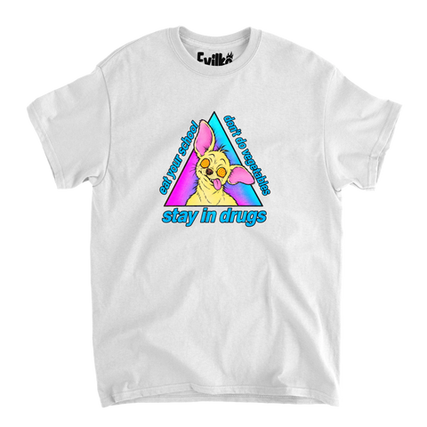 Dizzy Chihuahua Scrambled Slogan — Mens Tee — White — Front