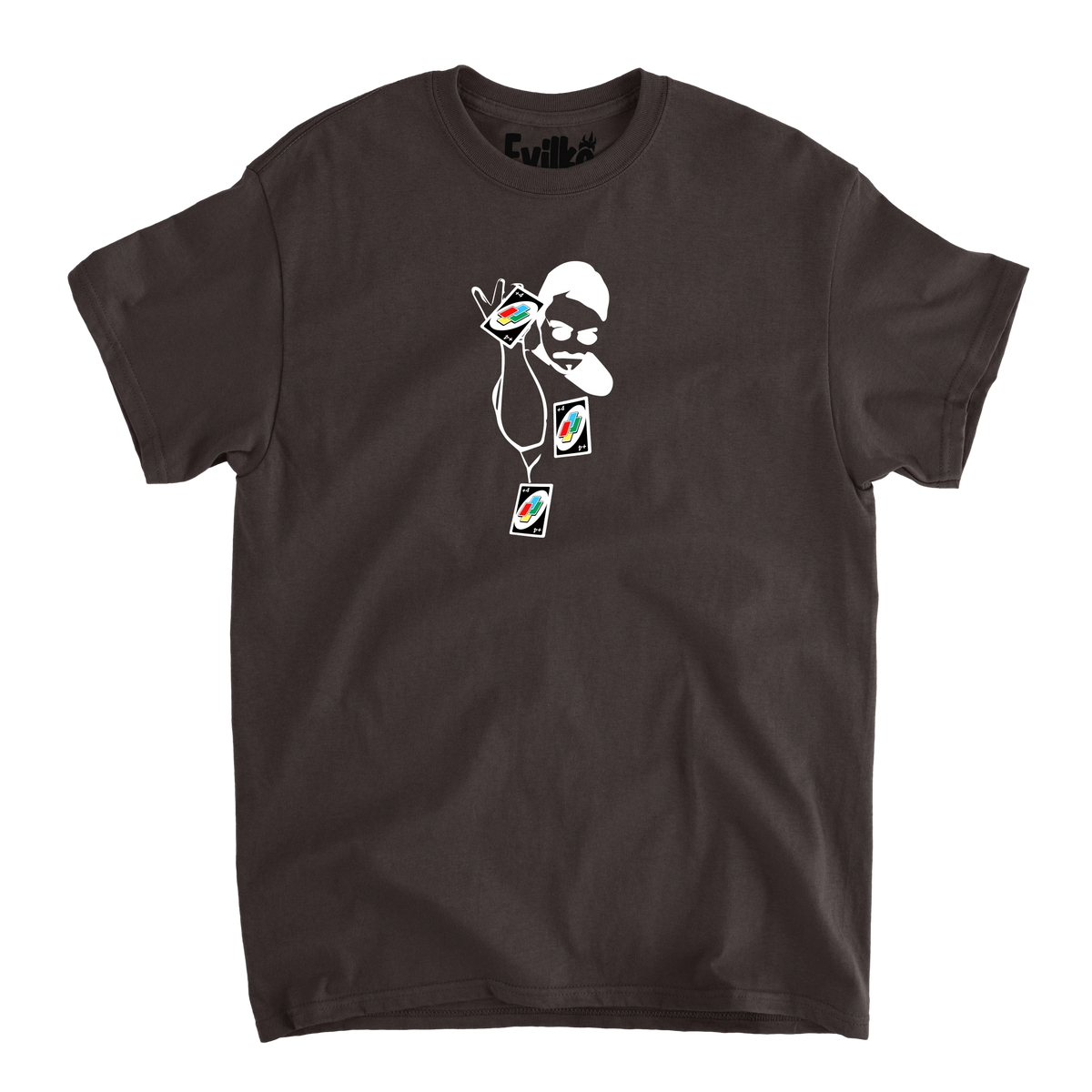 draw 4 uno — Mens Tee — Dark Chocolate — Front
