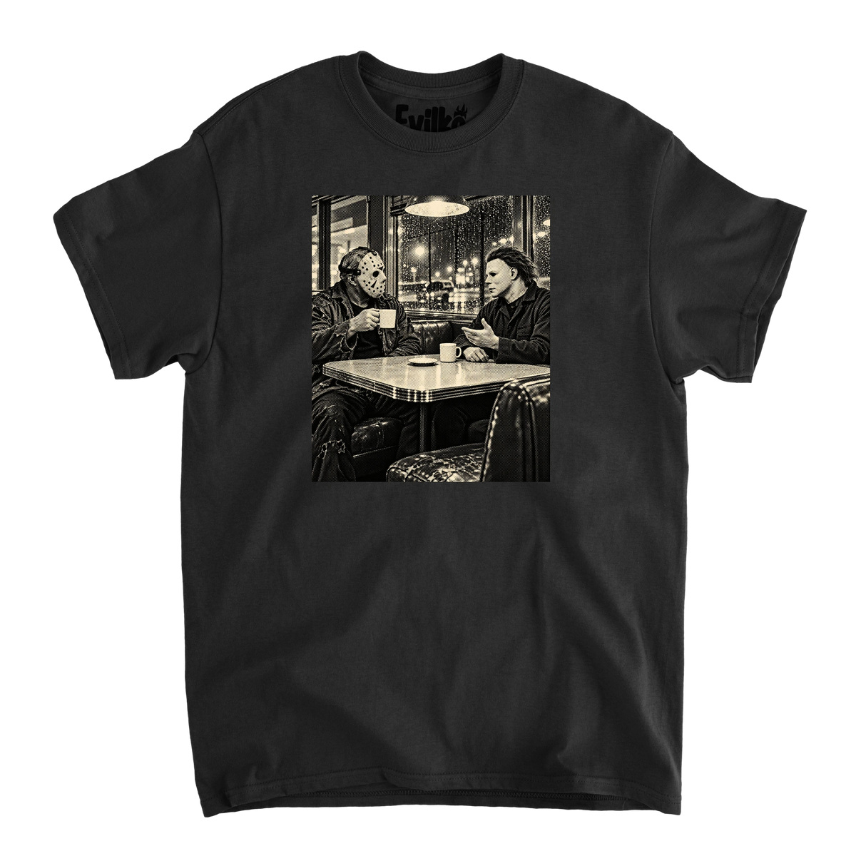 Midnight Slasher Diner Halftone Background — Mens Tee — Black — Front