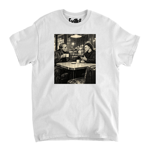 Midnight Slasher Diner Halftone Background — Mens Tee — White — Front