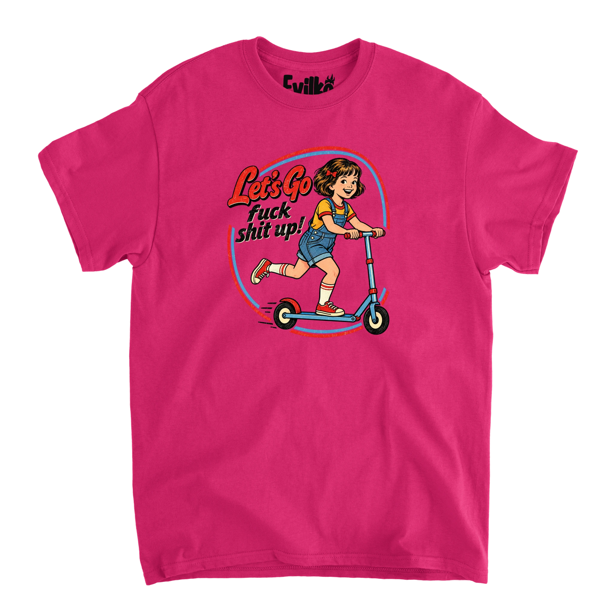 Lets Go Scooter Girl — Mens Tee — Heliconia — Front