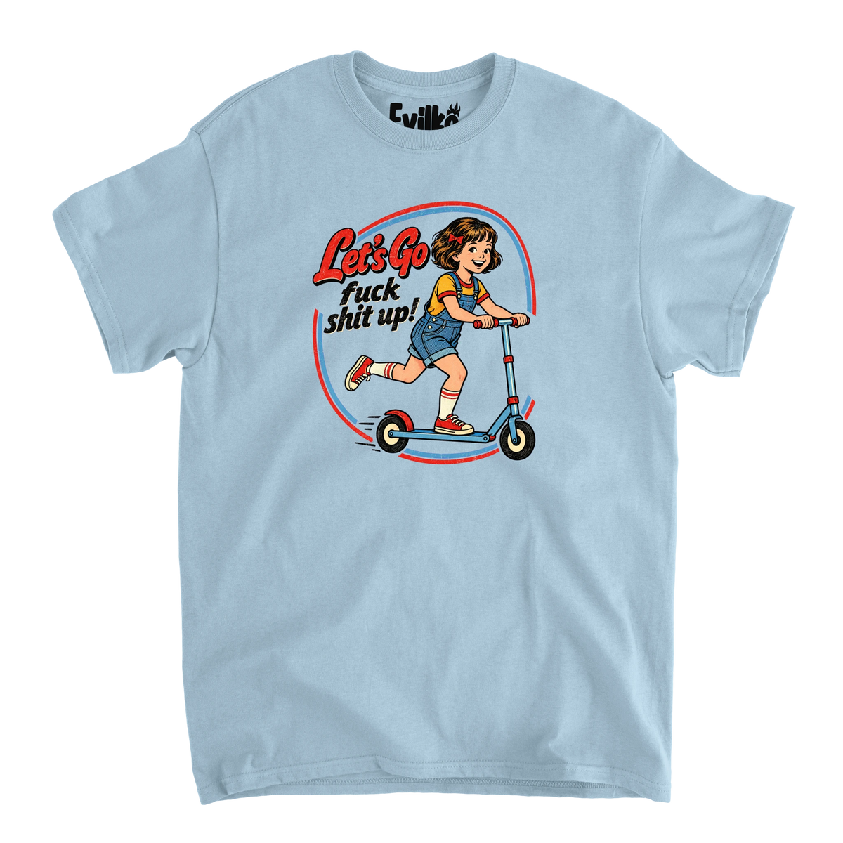 Lets Go Scooter Girl — Mens Tee — Light Blue — Front