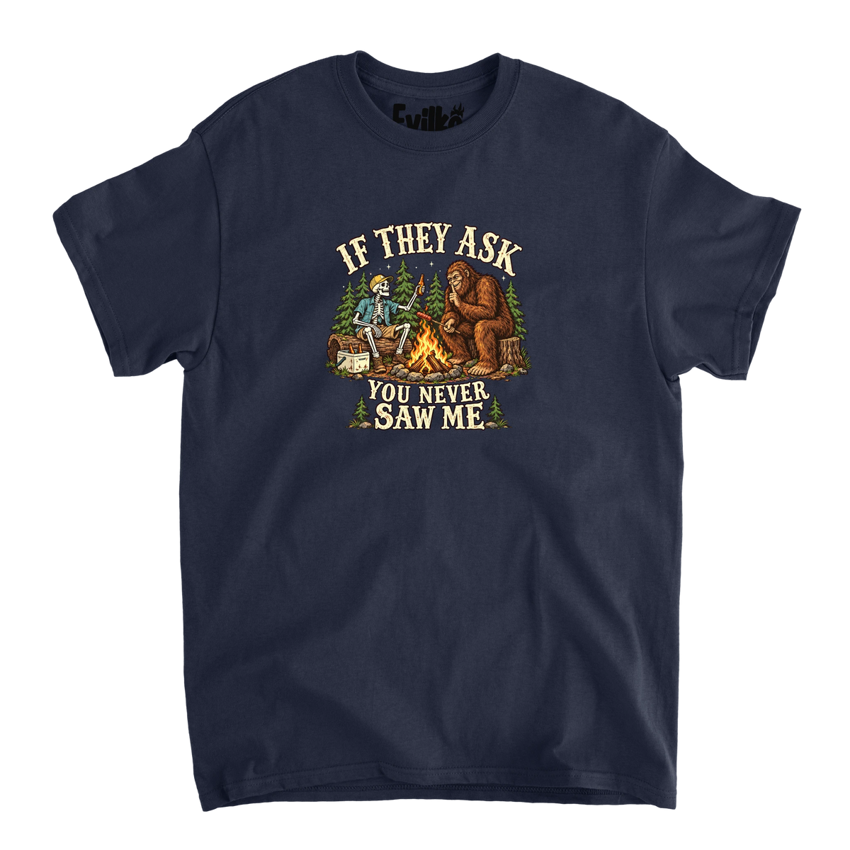 If They Ask Bigfoot Campfire — Mens Tee — Navy — Front