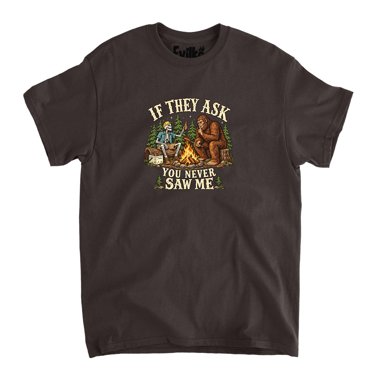 If They Ask Bigfoot Campfire — Mens Tee — Dark Chocolate — Front