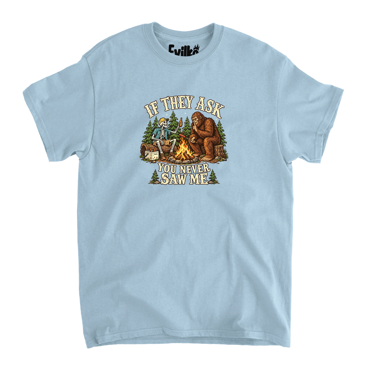 If They Ask Bigfoot Campfire — Mens Tee — Light Blue — Front