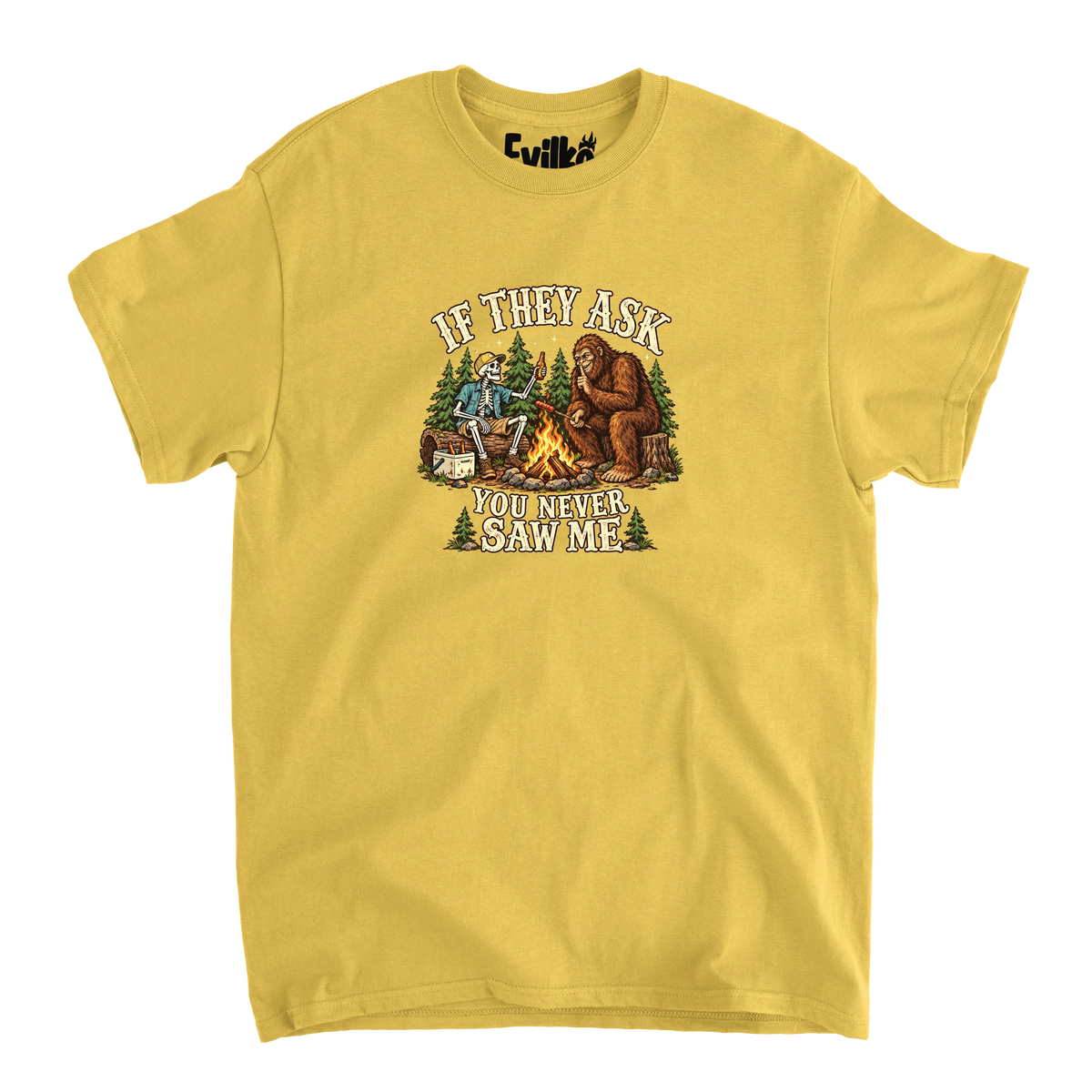 If They Ask Bigfoot Campfire — Mens Tee — Daisy — Front