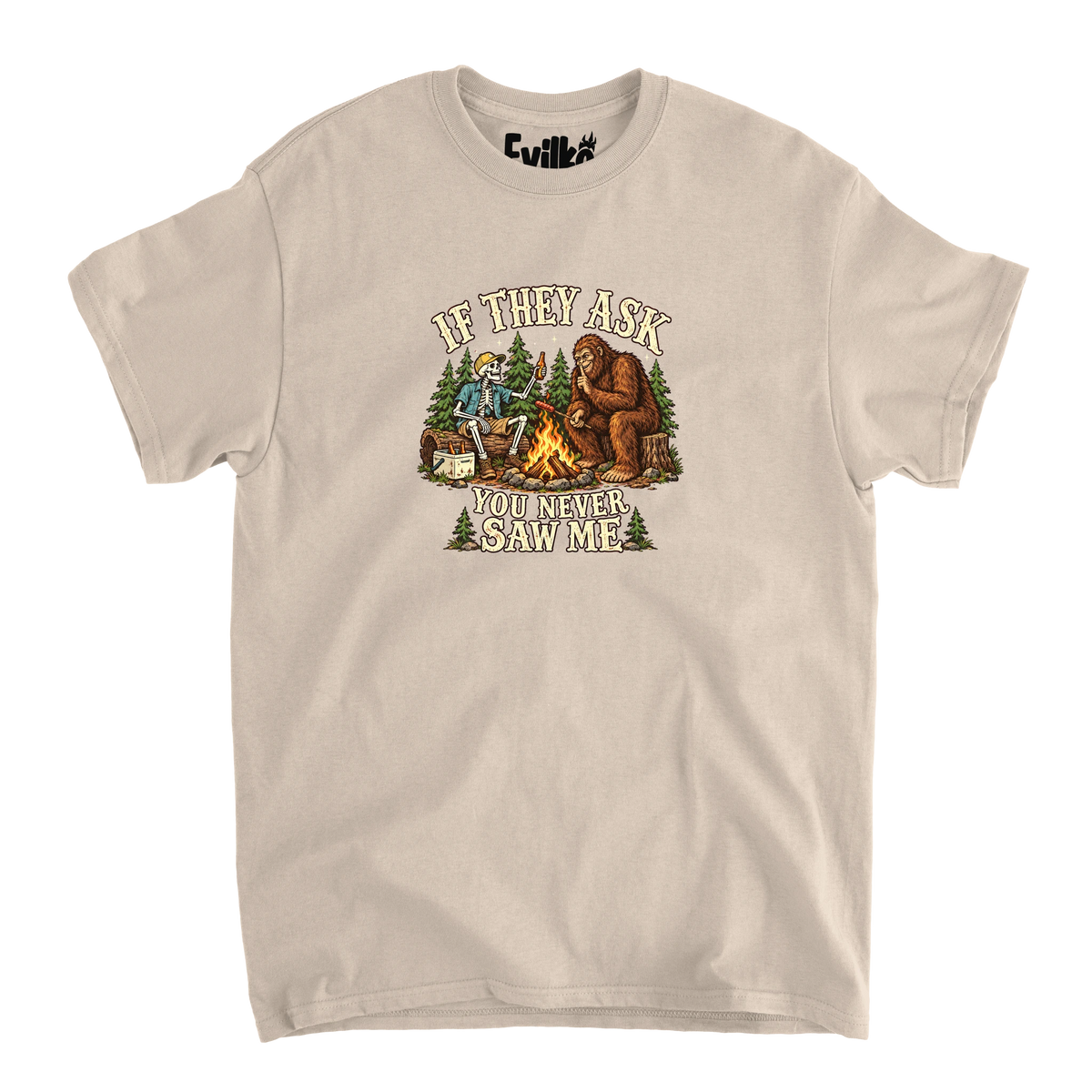 If They Ask Bigfoot Campfire — Mens Tee — Sand — Front
