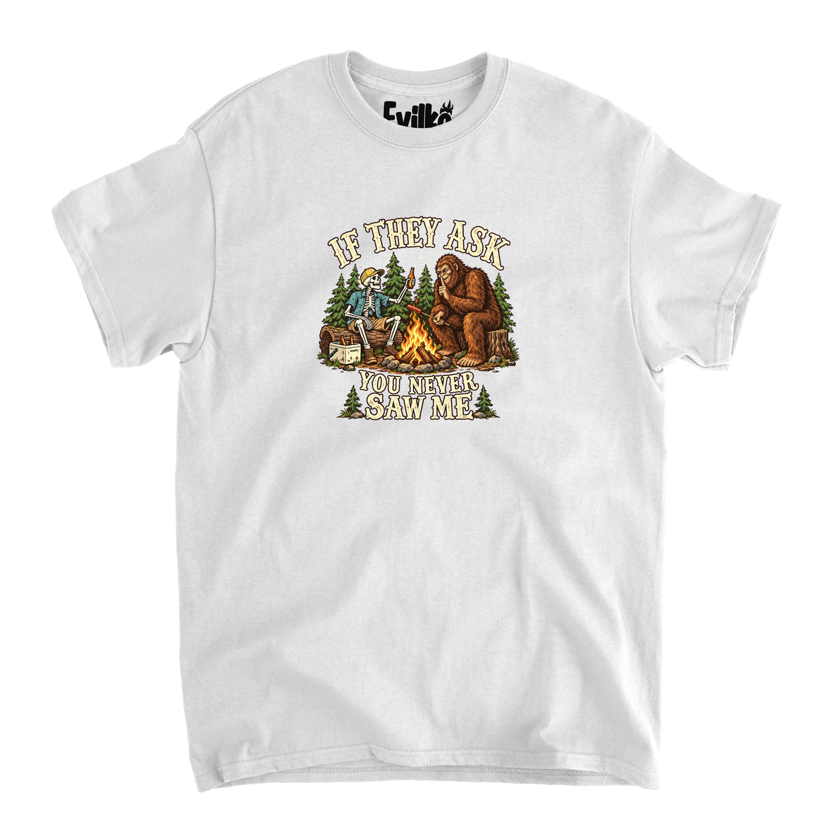 If They Ask Bigfoot Campfire — Mens Tee — White — Front