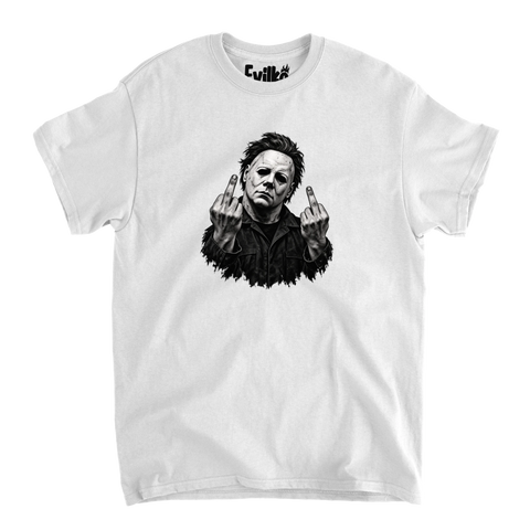 Masked Slasher Middle Fingers Halftone — Mens Tee — White — Front