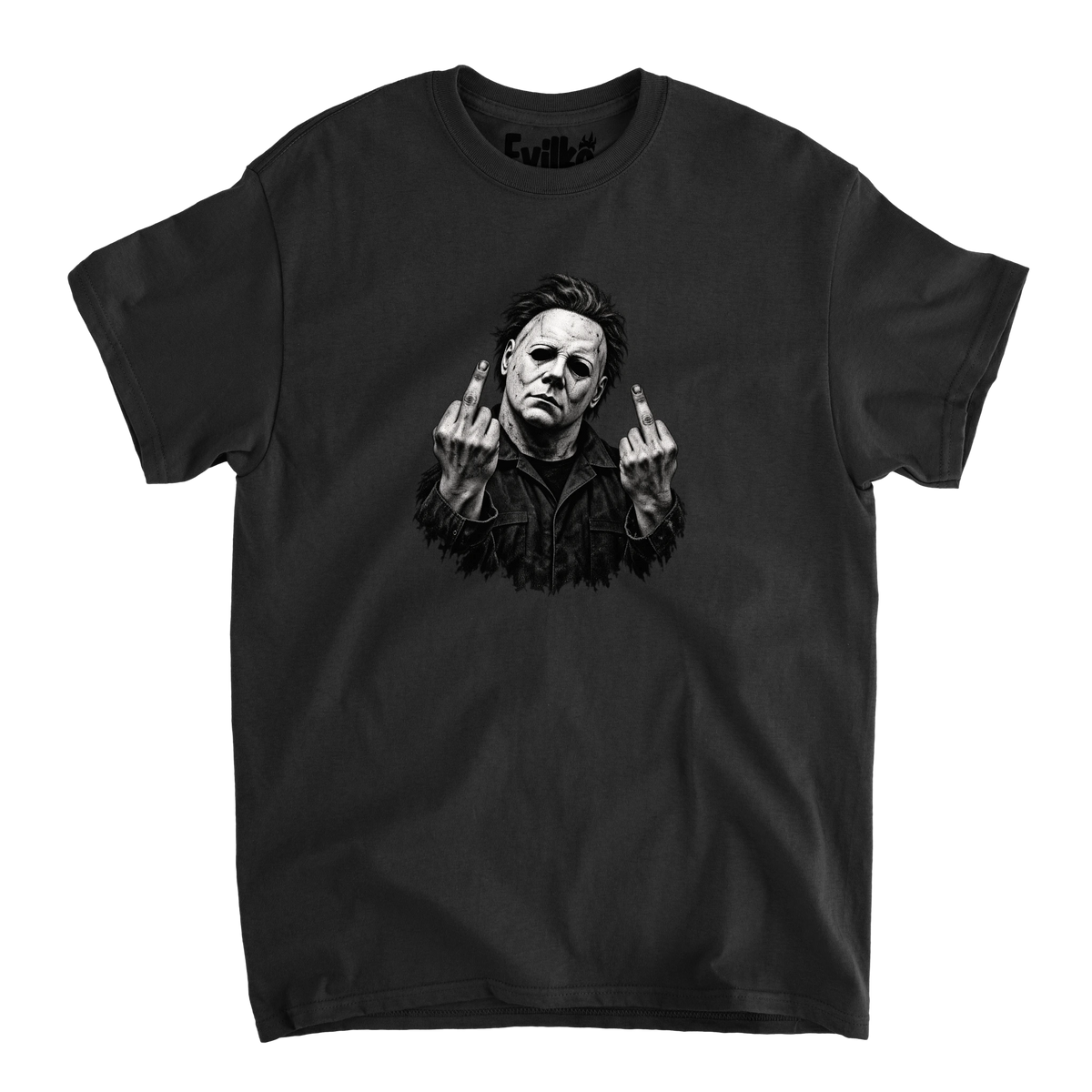 Masked Slasher Middle Fingers Halftone — Mens Tee — Black — Front