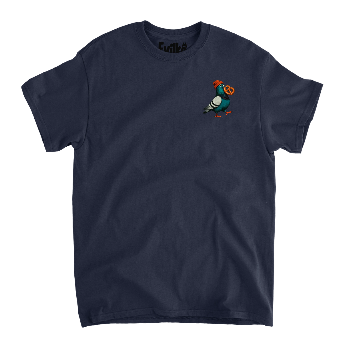 Beanie Pigeon Pretzel — Mens Tee — Navy — Front