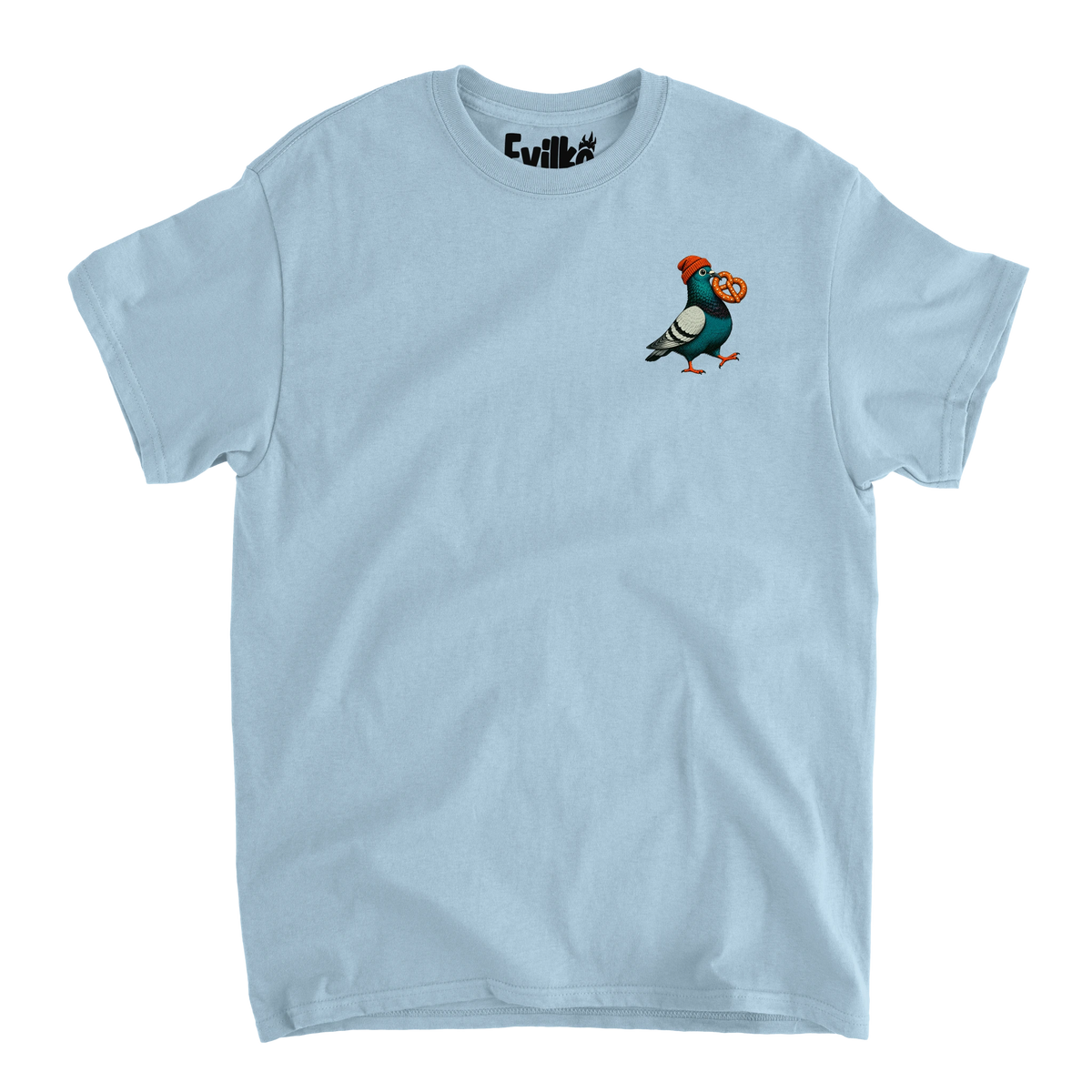 Beanie Pigeon Pretzel — Mens Tee — Light Blue — Front