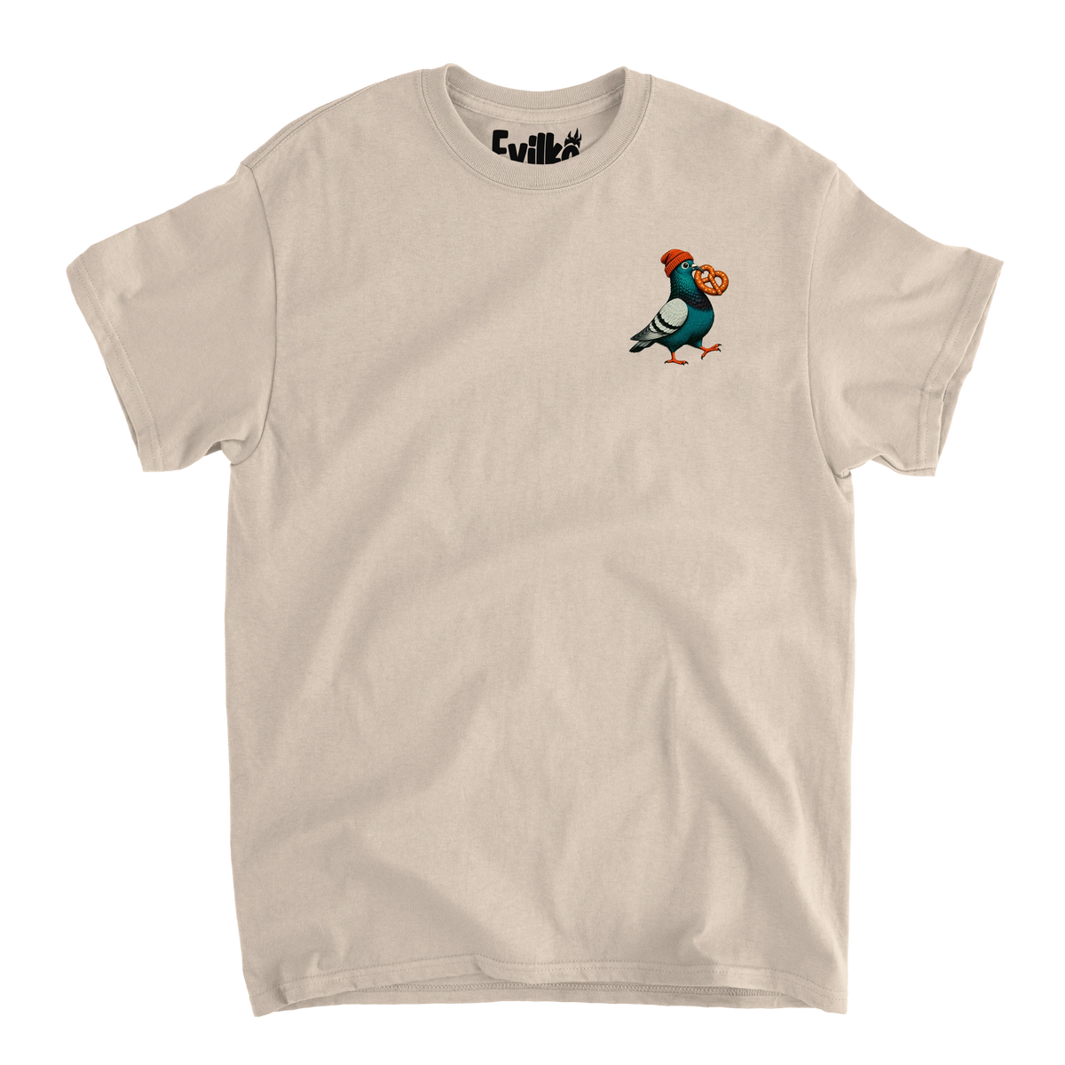 Beanie Pigeon Pretzel — Mens Tee — Sand — Front