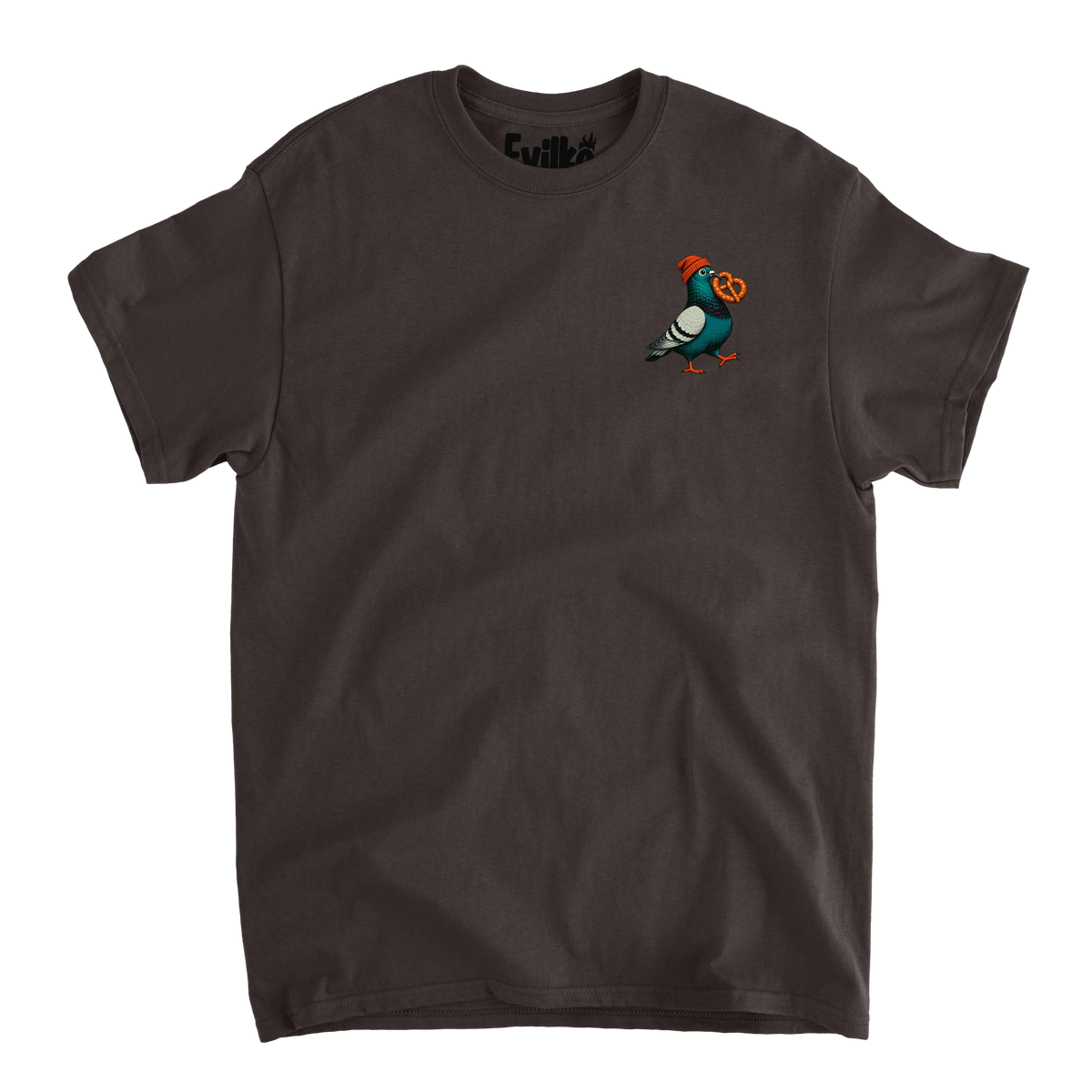 Beanie Pigeon Pretzel — Mens Tee — Dark Chocolate — Front
