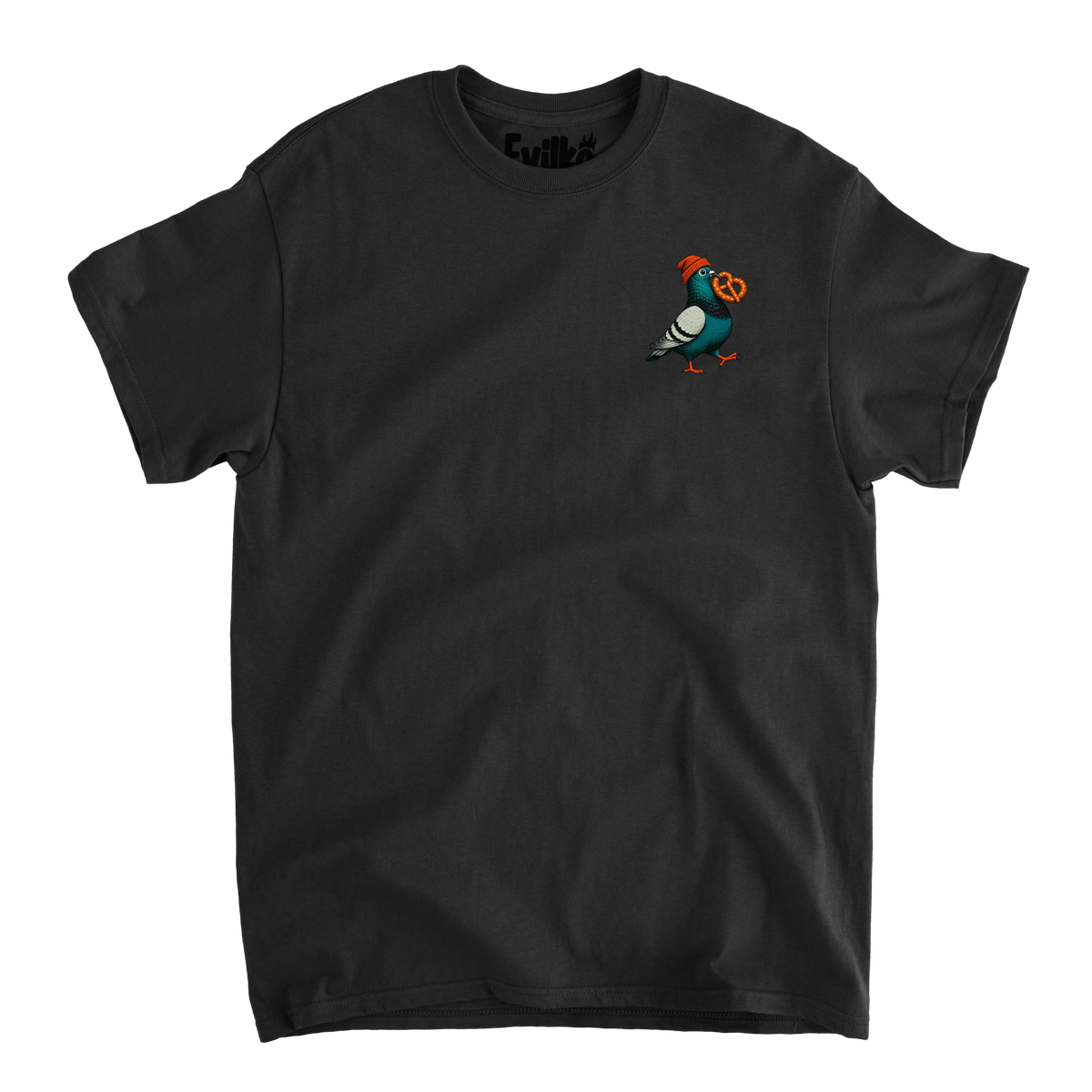 Beanie Pigeon Pretzel — Mens Tee — Black — Front