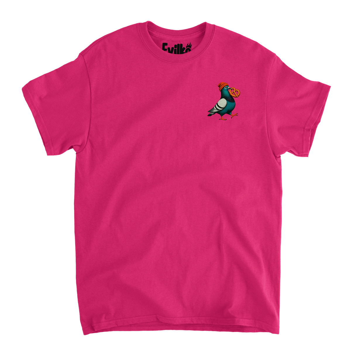 Beanie Pigeon Pretzel — Mens Tee — Heliconia — Front