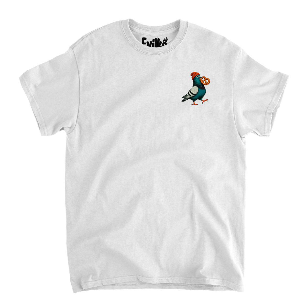 Beanie Pigeon Pretzel — Mens Tee — White — Front