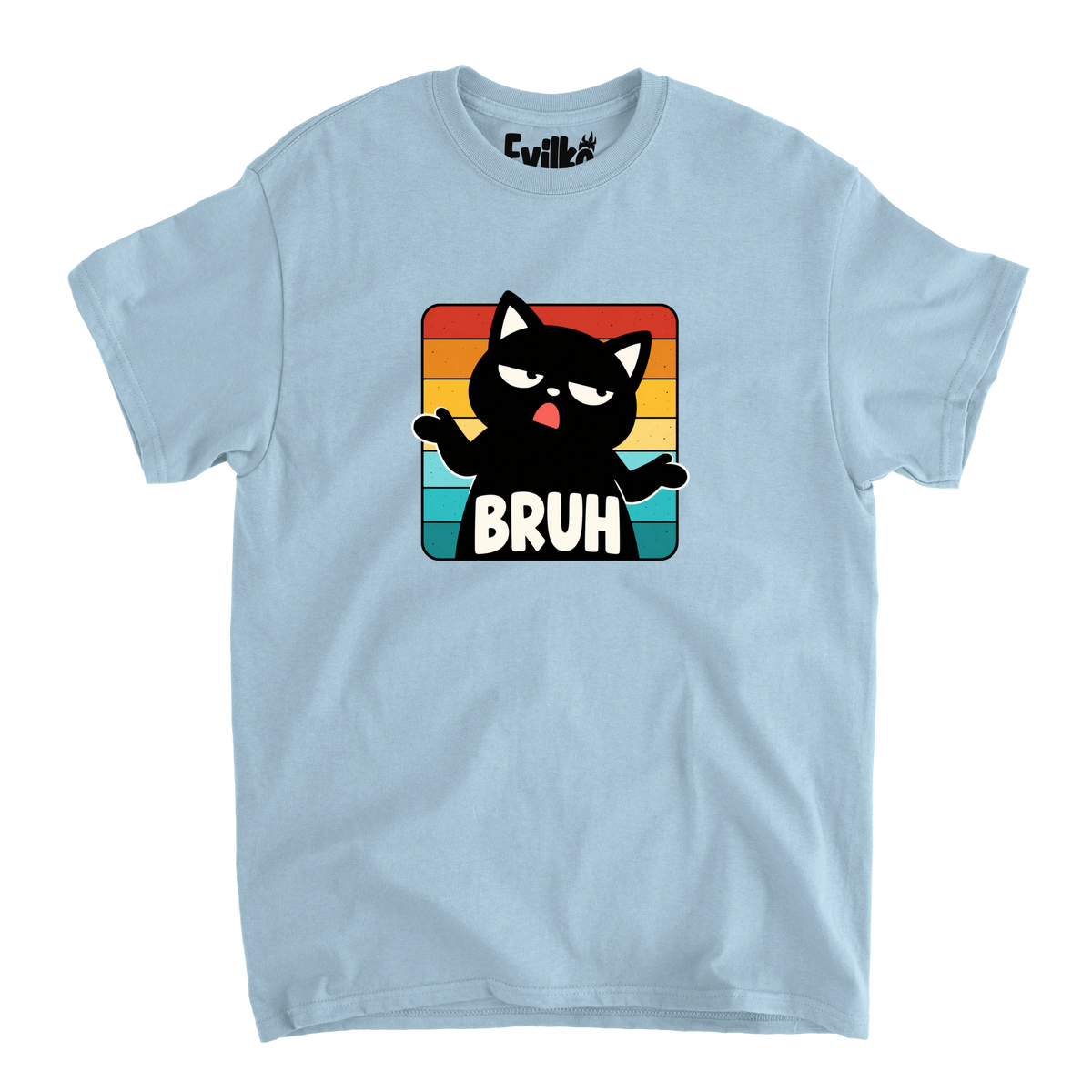 Bruh Retro Stripe Cat — Mens Tee — Light Blue — Front