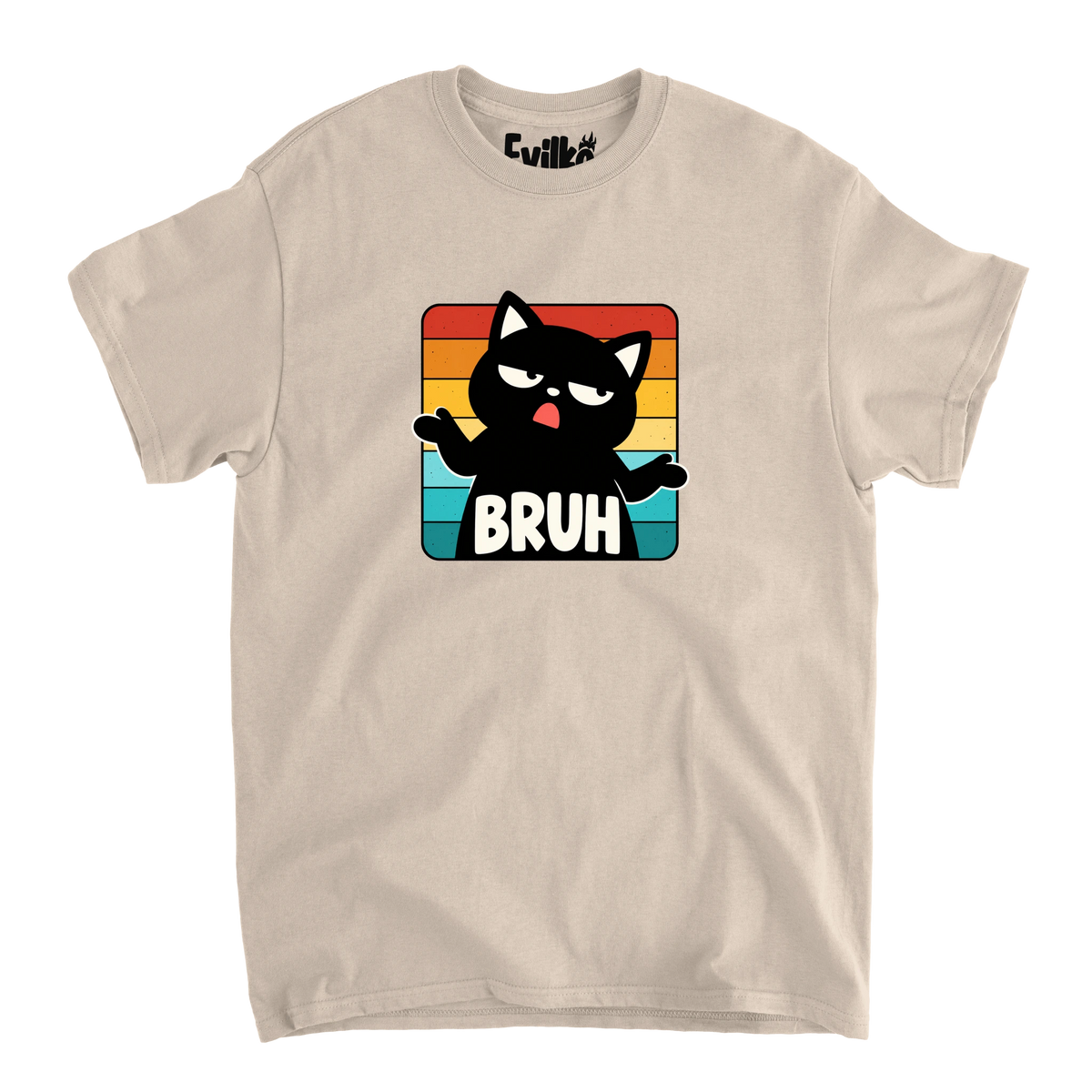 Bruh Retro Stripe Cat — Mens Tee — Sand — Front