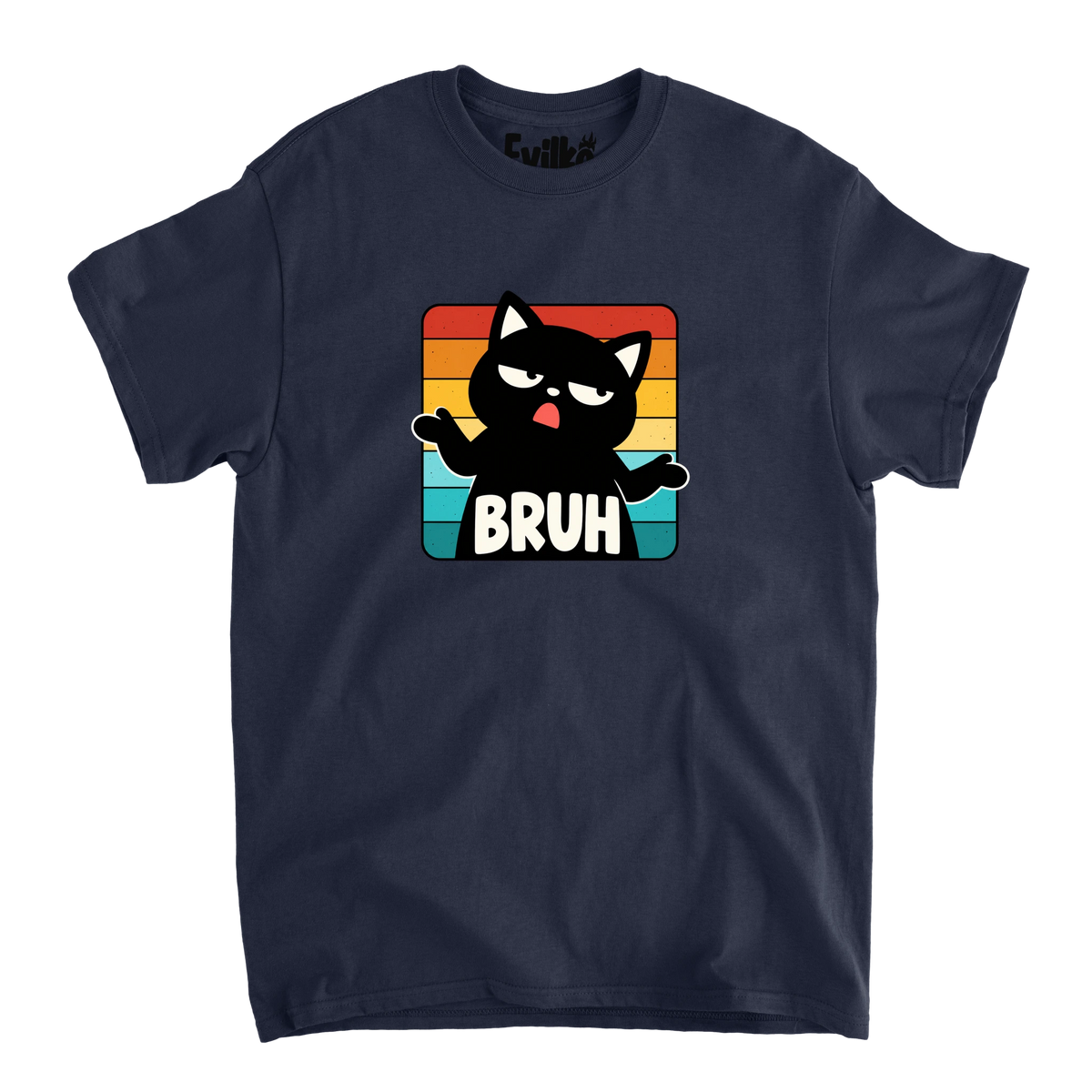 Bruh Retro Stripe Cat — Mens Tee — Navy — Front
